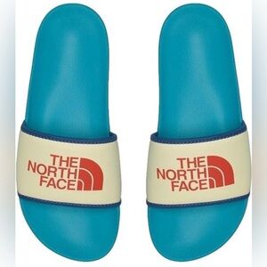 The North Face Men’s Teal Slide Sandals with Cream Strap and Orange Logo. Size 8